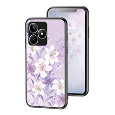 Coque Contour Silicone et Vitre Fleurs Miroir Etui Housse pour Realme C51 Violet Clair