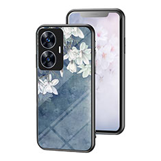 Coque Contour Silicone et Vitre Fleurs Miroir Etui Housse pour Realme C55 Bleu