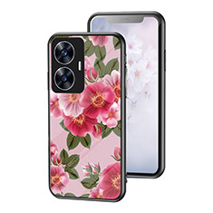 Coque Contour Silicone et Vitre Fleurs Miroir Etui Housse pour Realme C55 Rouge