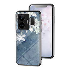 Coque Contour Silicone et Vitre Fleurs Miroir Etui Housse pour Realme GT Neo5 5G Bleu