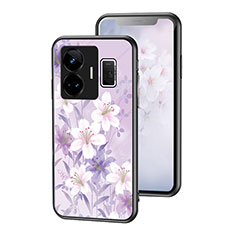 Coque Contour Silicone et Vitre Fleurs Miroir Etui Housse pour Realme GT Neo6 5G Violet Clair