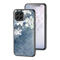 Coque Contour Silicone et Vitre Fleurs Miroir Etui Housse pour Samsung Galaxy M53 5G Bleu