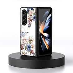 Coque Contour Silicone et Vitre Fleurs Miroir Etui Housse pour Samsung Galaxy Z Fold5 5G Blanc