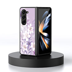 Coque Contour Silicone et Vitre Fleurs Miroir Etui Housse pour Samsung Galaxy Z Fold5 5G Violet Clair