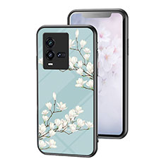 Coque Contour Silicone et Vitre Fleurs Miroir Etui Housse pour Vivo iQOO 10 5G Cyan