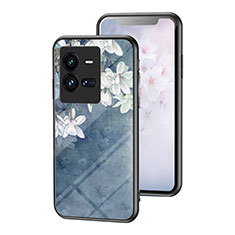 Coque Contour Silicone et Vitre Fleurs Miroir Etui Housse pour Vivo iQOO 10 Pro 5G Bleu