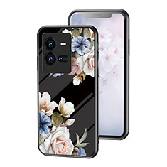 Coque Contour Silicone et Vitre Fleurs Miroir Etui Housse pour Vivo iQOO 10 Pro 5G Noir