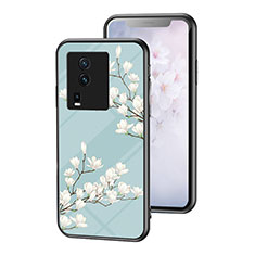 Coque Contour Silicone et Vitre Fleurs Miroir Etui Housse pour Vivo iQOO Neo7 5G Cyan