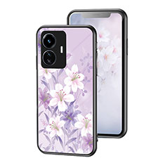 Coque Contour Silicone et Vitre Fleurs Miroir Etui Housse pour Vivo iQOO Z6 Lite 5G Violet Clair