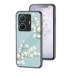 Coque Contour Silicone et Vitre Fleurs Miroir Etui Housse pour Vivo iQOO Z6 Pro 5G Cyan