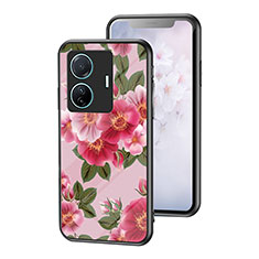 Coque Contour Silicone et Vitre Fleurs Miroir Etui Housse pour Vivo iQOO Z6 Pro 5G Rouge