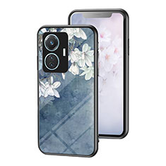 Coque Contour Silicone et Vitre Fleurs Miroir Etui Housse pour Vivo T1 4G Bleu