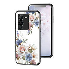 Coque Contour Silicone et Vitre Fleurs Miroir Etui Housse pour Vivo V25 Pro 5G Blanc