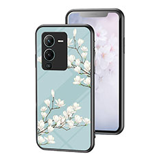 Coque Contour Silicone et Vitre Fleurs Miroir Etui Housse pour Vivo V25 Pro 5G Cyan