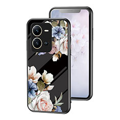 Coque Contour Silicone et Vitre Fleurs Miroir Etui Housse pour Vivo V25e Noir