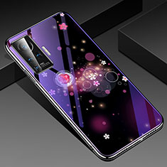 Coque Contour Silicone et Vitre Fleurs Miroir Etui Housse pour Vivo X50 Pro 5G Violet