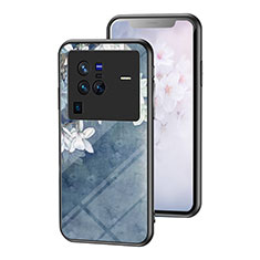 Coque Contour Silicone et Vitre Fleurs Miroir Etui Housse pour Vivo X80 Pro 5G Bleu