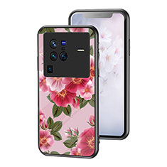 Coque Contour Silicone et Vitre Fleurs Miroir Etui Housse pour Vivo X80 Pro 5G Rouge