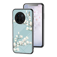 Coque Contour Silicone et Vitre Fleurs Miroir Etui Housse pour Vivo X90 5G Cyan