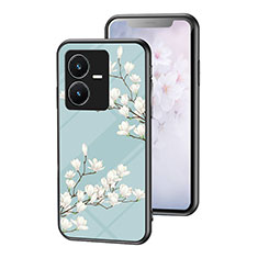 Coque Contour Silicone et Vitre Fleurs Miroir Etui Housse pour Vivo Y22 Cyan