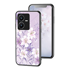 Coque Contour Silicone et Vitre Fleurs Miroir Etui Housse pour Vivo Y22s Violet Clair