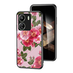 Coque Contour Silicone et Vitre Fleurs Miroir Etui Housse pour Xiaomi Poco C65 Rouge