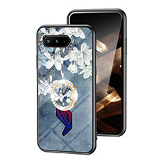 Coque Contour Silicone et Vitre Fleurs Miroir Etui Housse S01 pour Asus ROG Phone 5 Ultimate Bleu