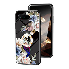 Coque Contour Silicone et Vitre Fleurs Miroir Etui Housse S01 pour Asus ROG Phone 5 Ultimate Noir