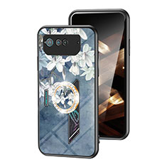 Coque Contour Silicone et Vitre Fleurs Miroir Etui Housse S01 pour Asus ROG Phone 6 Bleu