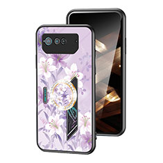 Coque Contour Silicone et Vitre Fleurs Miroir Etui Housse S01 pour Asus ROG Phone 6 Pro Violet Clair