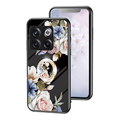 Coque Contour Silicone et Vitre Fleurs Miroir Etui Housse S01 pour OnePlus 10T 5G Noir