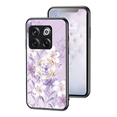 Coque Contour Silicone et Vitre Fleurs Miroir Etui Housse S01 pour OnePlus 10T 5G Violet Clair