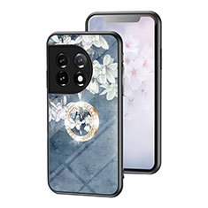 Coque Contour Silicone et Vitre Fleurs Miroir Etui Housse S01 pour OnePlus 11 5G Bleu