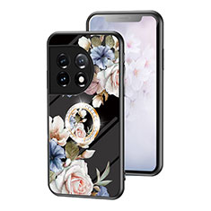 Coque Contour Silicone et Vitre Fleurs Miroir Etui Housse S01 pour OnePlus 11 5G Noir