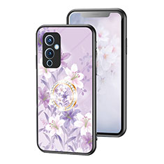 Coque Contour Silicone et Vitre Fleurs Miroir Etui Housse S01 pour OnePlus 9 5G Violet Clair