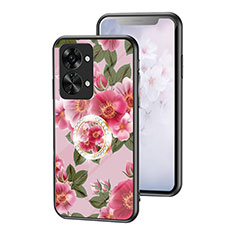 Coque Contour Silicone et Vitre Fleurs Miroir Etui Housse S01 pour OnePlus Nord 2T 5G Rouge