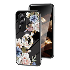 Coque Contour Silicone et Vitre Fleurs Miroir Etui Housse S01 pour Oppo Reno10 Pro+ Plus 5G Noir