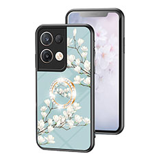 Coque Contour Silicone et Vitre Fleurs Miroir Etui Housse S01 pour Oppo Reno8 Pro+ Plus 5G Cyan