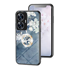 Coque Contour Silicone et Vitre Fleurs Miroir Etui Housse S01 pour Realme C55 Bleu