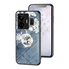 Coque Contour Silicone et Vitre Fleurs Miroir Etui Housse S01 pour Realme GT Neo5 240W 5G Bleu