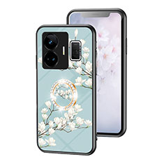 Coque Contour Silicone et Vitre Fleurs Miroir Etui Housse S01 pour Realme GT5 5G Cyan