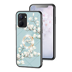 Coque Contour Silicone et Vitre Fleurs Miroir Etui Housse S01 pour Realme Q5x 5G Cyan