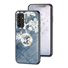 Coque Contour Silicone et Vitre Fleurs Miroir Etui Housse S01 pour Samsung Galaxy F13 4G Bleu