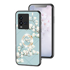 Coque Contour Silicone et Vitre Fleurs Miroir Etui Housse S01 pour Vivo iQOO 10 5G Cyan