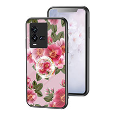 Coque Contour Silicone et Vitre Fleurs Miroir Etui Housse S01 pour Vivo iQOO 10 5G Rouge