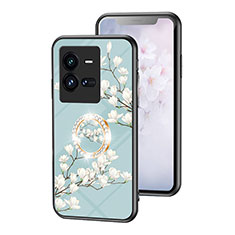 Coque Contour Silicone et Vitre Fleurs Miroir Etui Housse S01 pour Vivo iQOO 10 Pro 5G Cyan