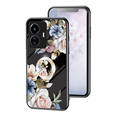 Coque Contour Silicone et Vitre Fleurs Miroir Etui Housse S01 pour Vivo iQOO Z6 Lite 5G Noir