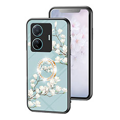 Coque Contour Silicone et Vitre Fleurs Miroir Etui Housse S01 pour Vivo iQOO Z6 Pro 5G Cyan