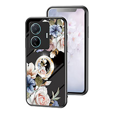 Coque Contour Silicone et Vitre Fleurs Miroir Etui Housse S01 pour Vivo iQOO Z6 Pro 5G Noir