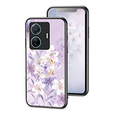 Coque Contour Silicone et Vitre Fleurs Miroir Etui Housse S01 pour Vivo iQOO Z6 Pro 5G Violet Clair